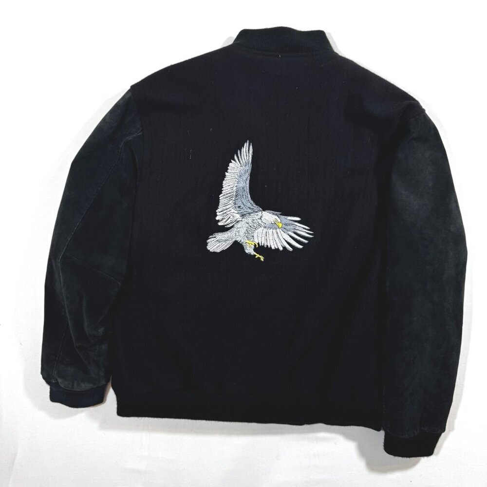 Vtg Varsity Bomber Jacket Eagle Embroidered Black Suede Wool 42 44 L Y2K Retro